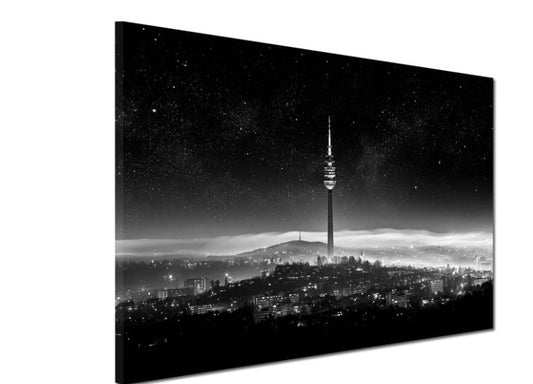 Fernsehturm Stuttgart Nachtpanorama Sterne schwarz weiß Wandbild