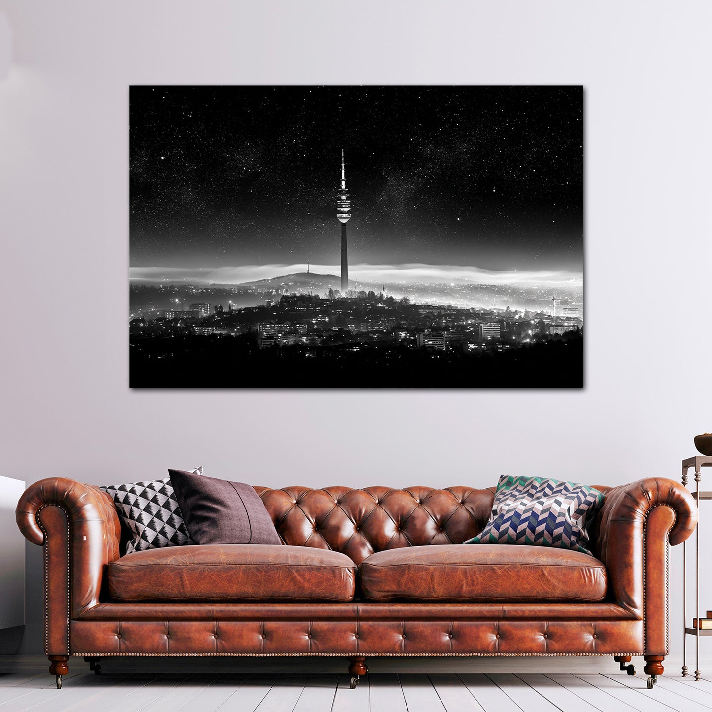 Fernsehturm Stuttgart Nachtpanorama Sterne schwarz weiß Wandbild