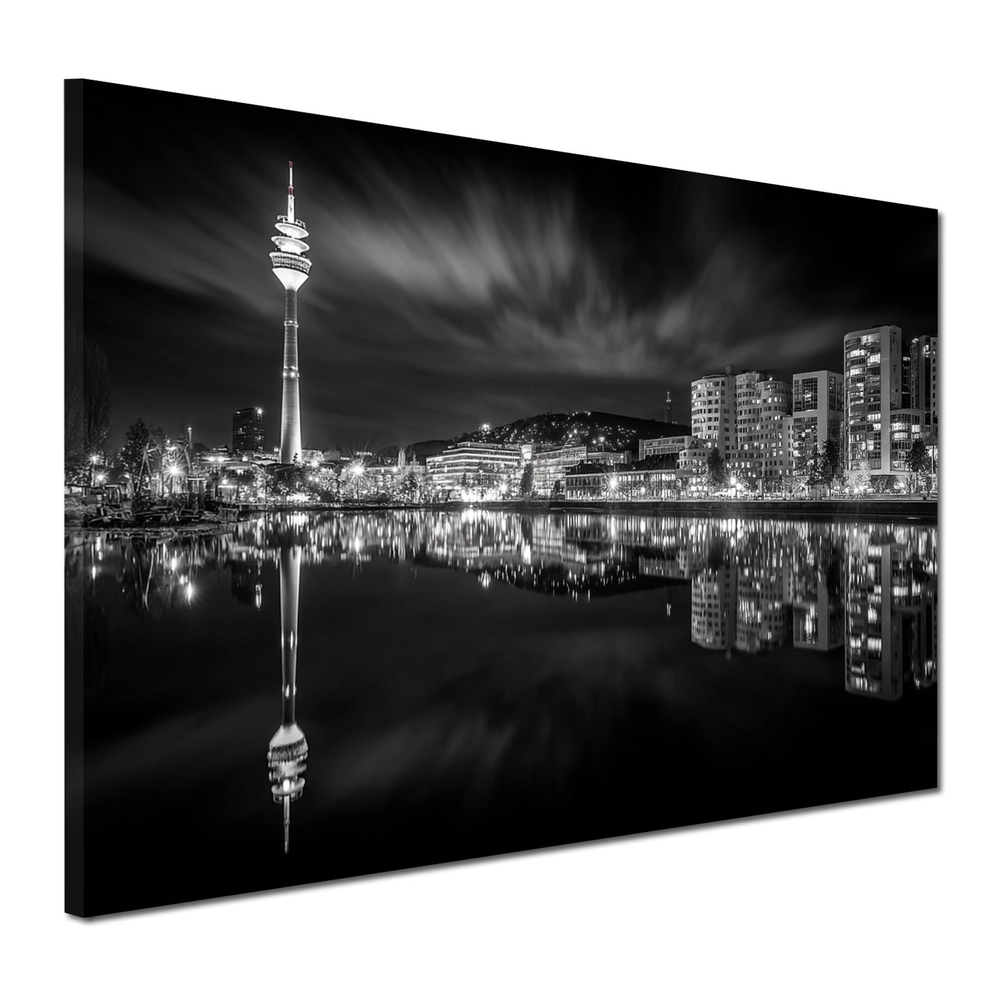 Fernsehturm Stuttgart Stadtblick Spiegelung schwarz weiß Wandbild