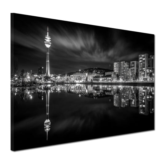 Fernsehturm Stuttgart Stadtblick Spiegelung schwarz weiß Wandbild