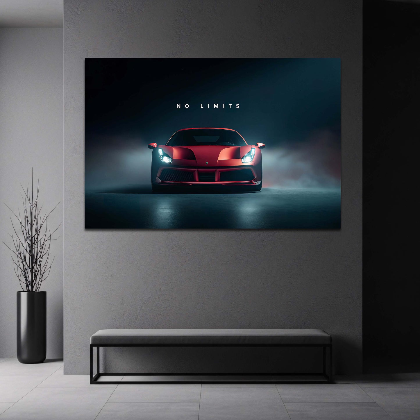 Ferrari No Limits rot frontal im dramatischen Licht Wandbild