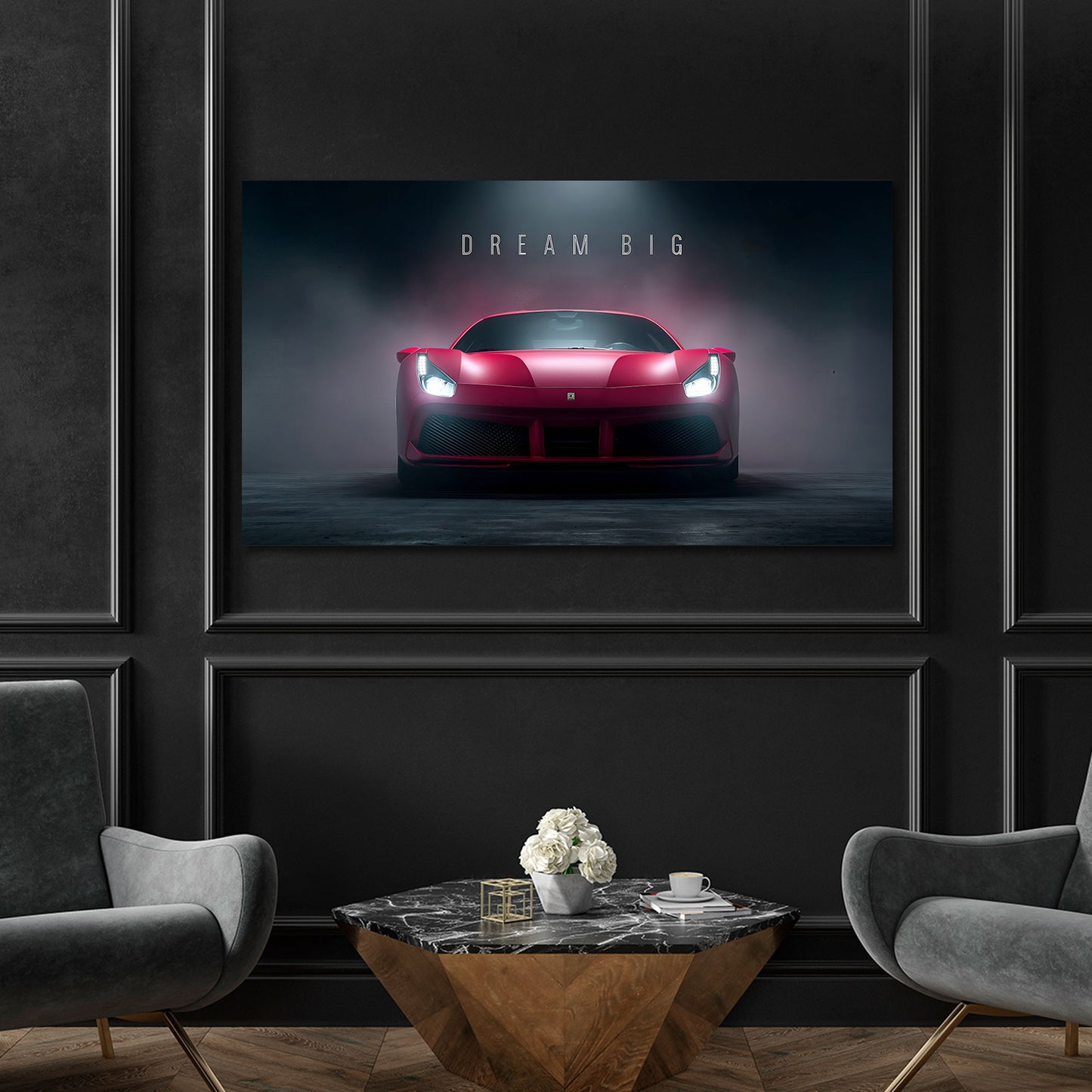 Ferrari Sportwagen in Rot Front mit Nebel Motivation Wandbild