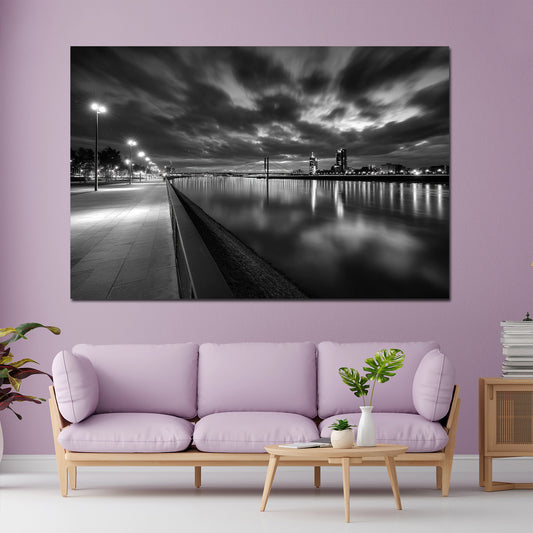 Flussufer Düsseldorf schwarz weiß Rheinpromenade Wandbild