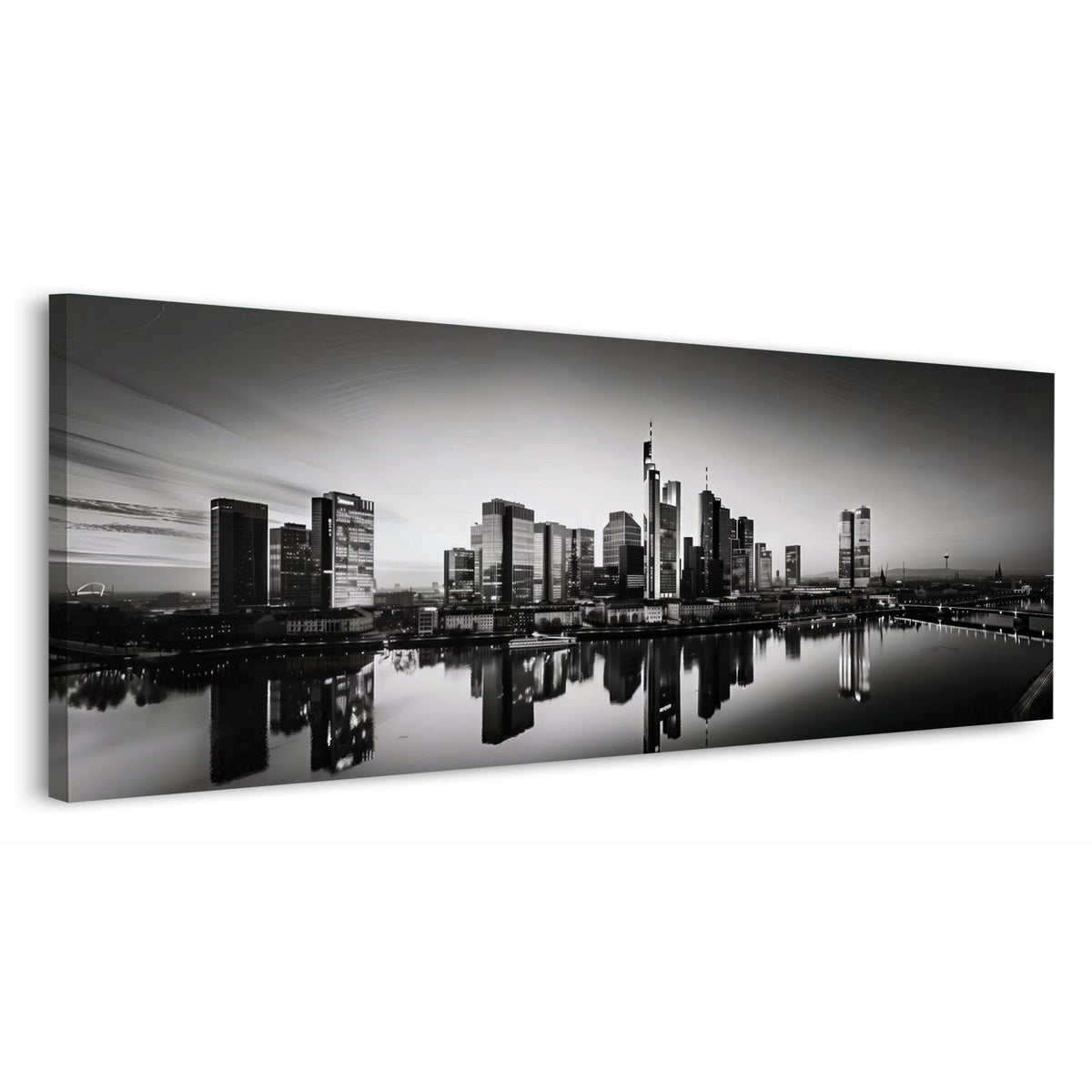Frankfurt mit Spiegelung im Main Panorama Wandbild in Schwarz-Weiß