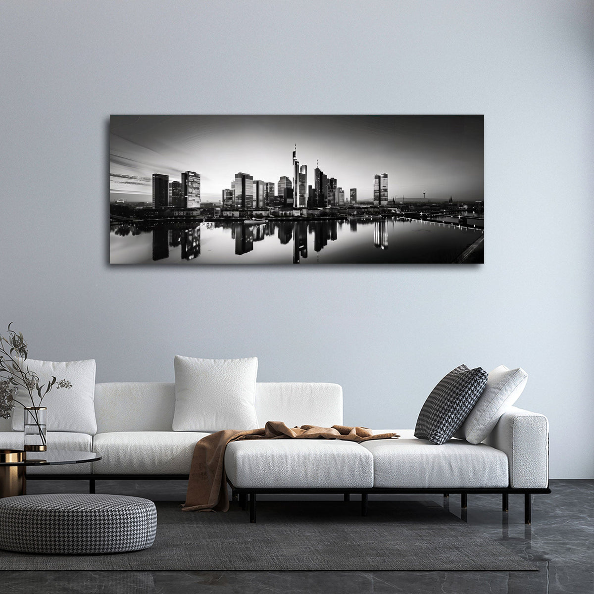 Frankfurt Panorama Wandbild über einem Sofa im Wohnraum