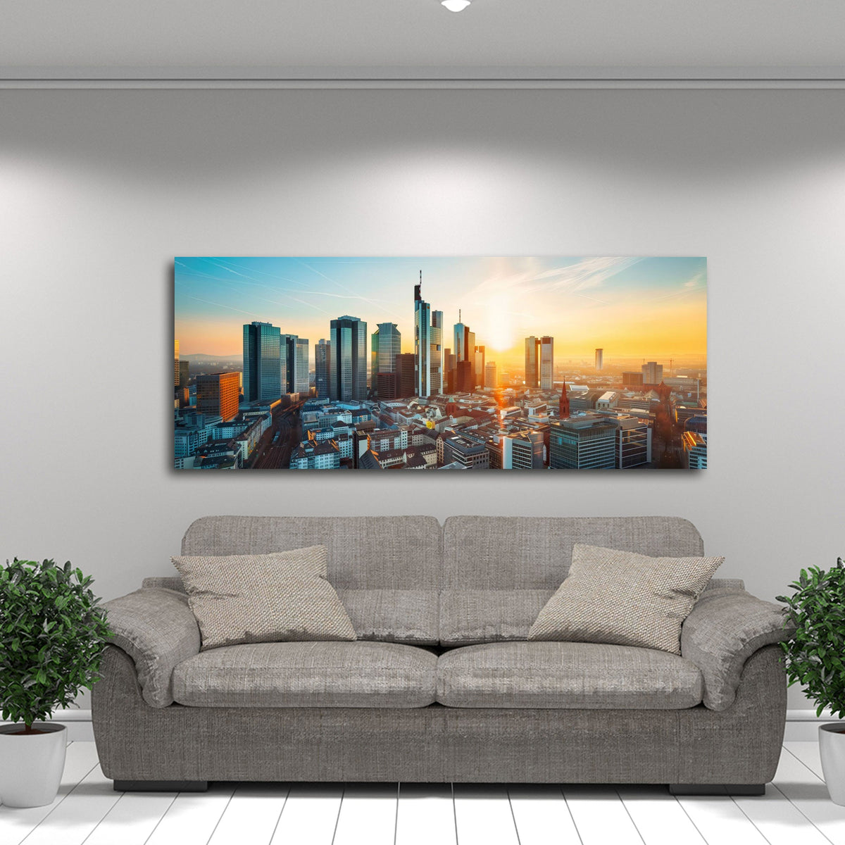 Frankfurt Panorama Wandbild über einem Sofa im Wohnraum
