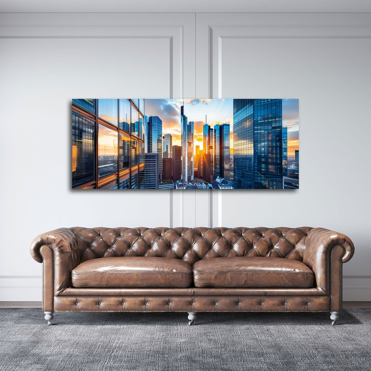 Frankfurt Panorama Wandbild über einem Sofa im Wohnraum