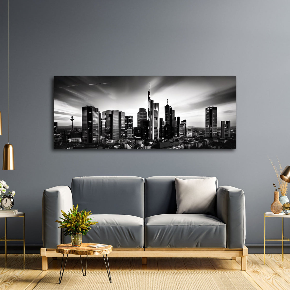 Frankfurt Panorama Wandbild über einem Sofa im Wohnraum