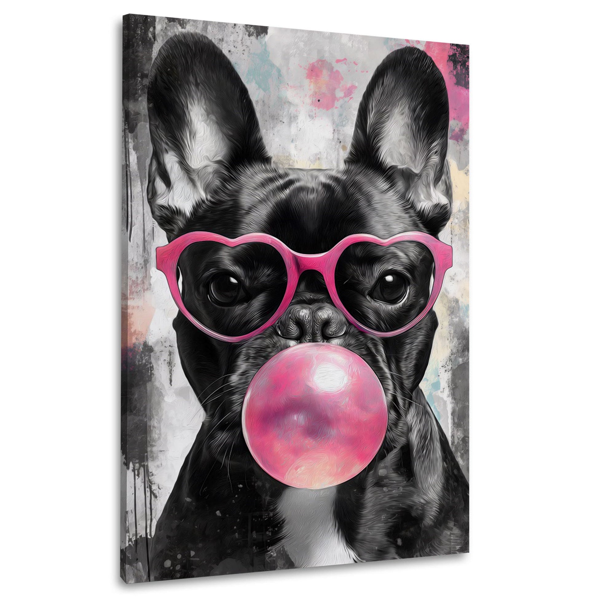 Franzoesische Bulldogge blaest rosa Kaugummiblase Wandbild