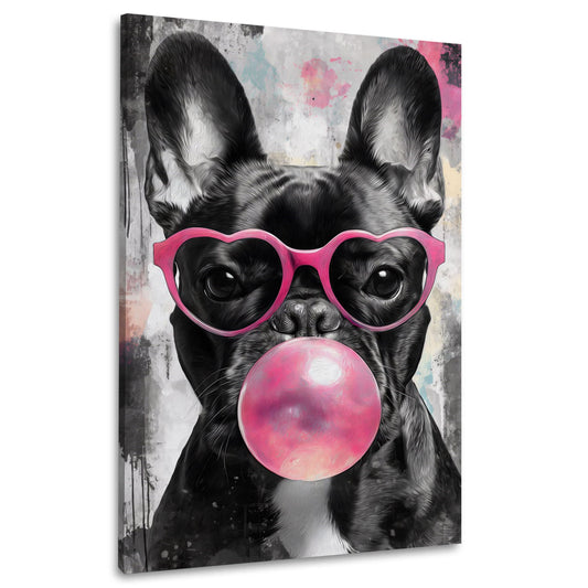 Franzoesische Bulldogge blaest rosa Kaugummiblase Wandbild