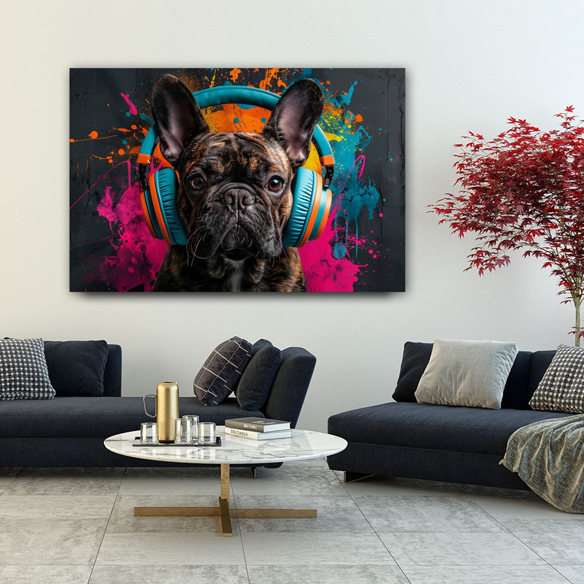 Französische Bulldogge Street-Art Wandbild im Raum