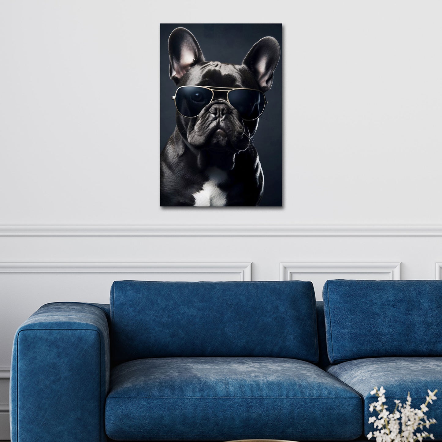 Französische Bulldogge mit Sonnenbrille Porträt Wandbild