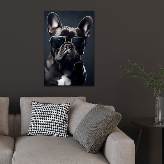 Französische Bulldogge mit Sonnenbrille Porträt Wandbild