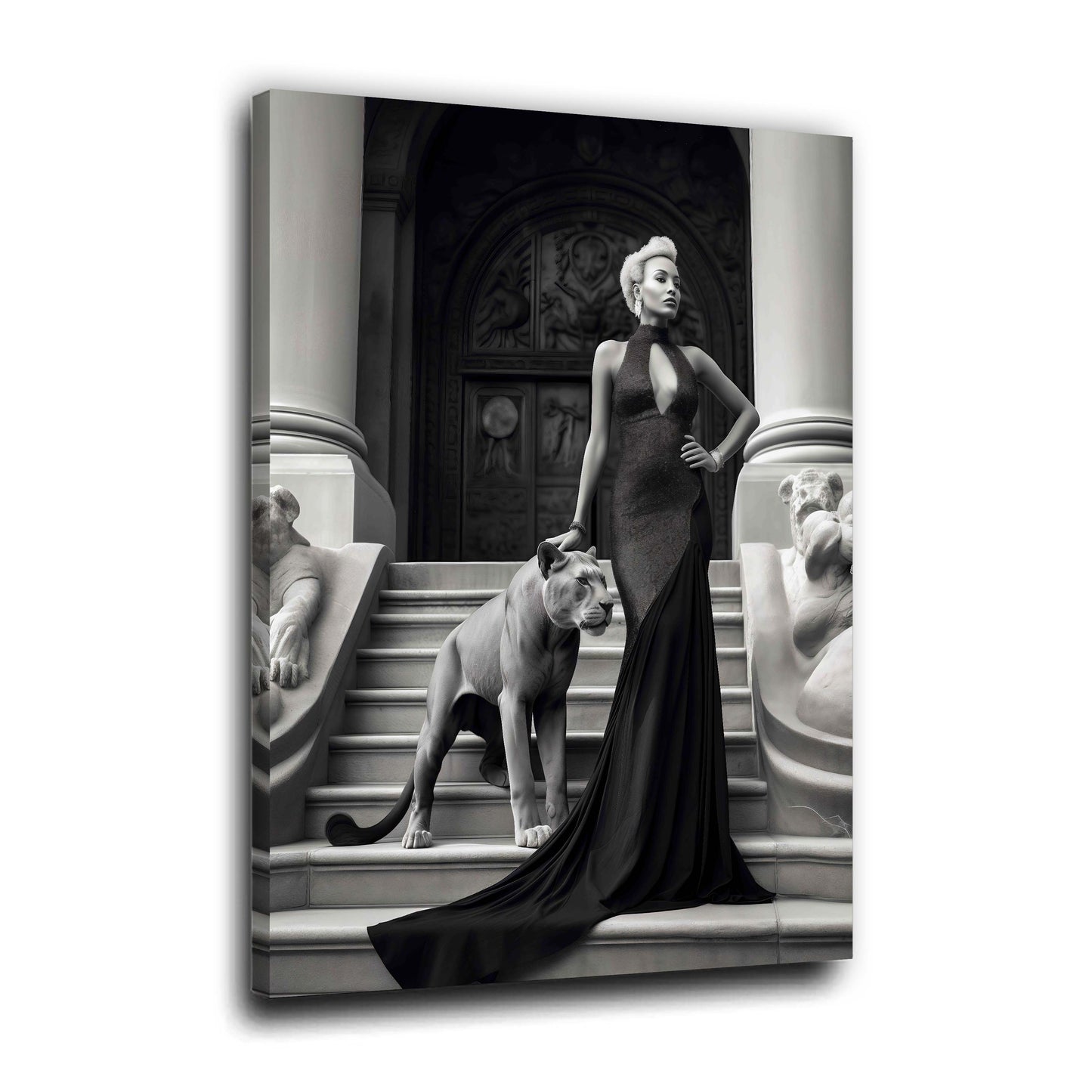 Frau Abendkleid schwarz weiß Treppe Löwin Eleganz Luxus Wandbild