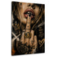 Frau mit Bitcoin Ring und Finger an den Lippen Wandbild