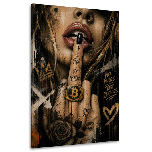 Frau mit Bitcoin Ring und Finger an den Lippen Wandbild
