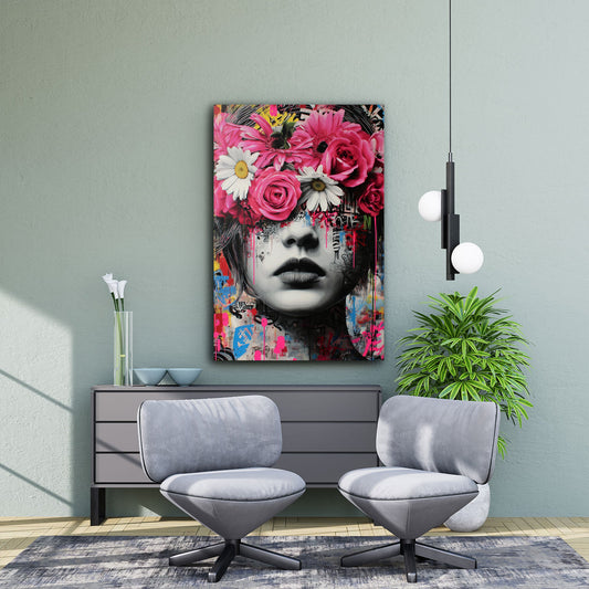 Frau mit Blumenkranz Graffiti Art Wandbild