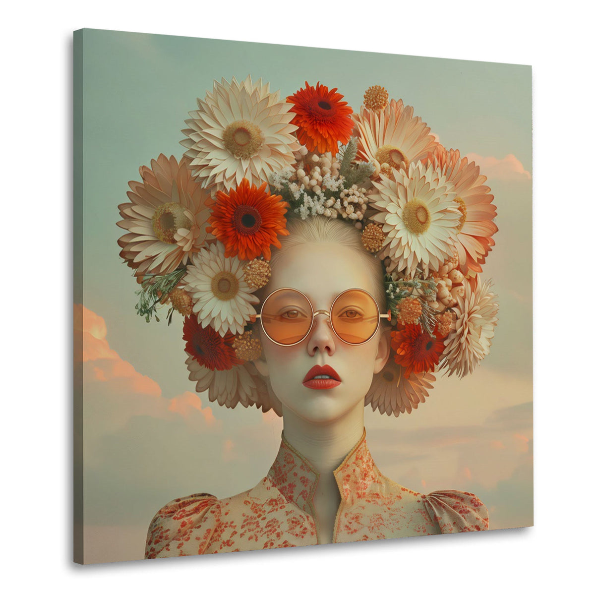 Frau mit Blumenkranz und runder Brille Wandbild quadratisch