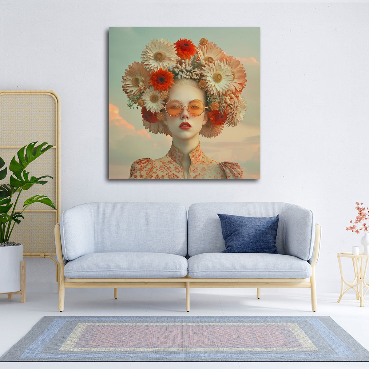 Porträt Wandbild mit Blumenkranz über einem Sofa im Wohnraum
