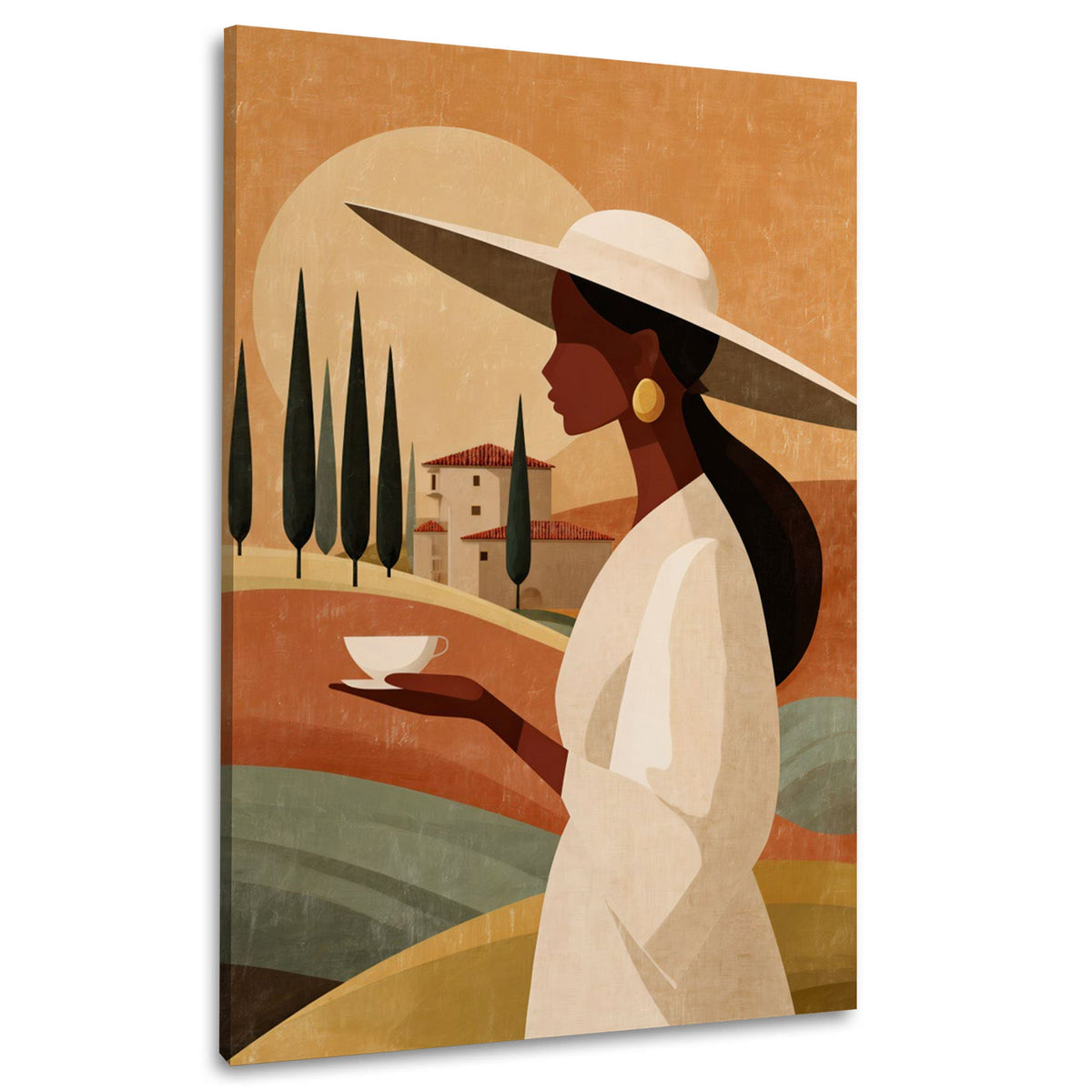 Frau mit Hut vor Landschaft in Orange und Beige Wandbild im Hochformat