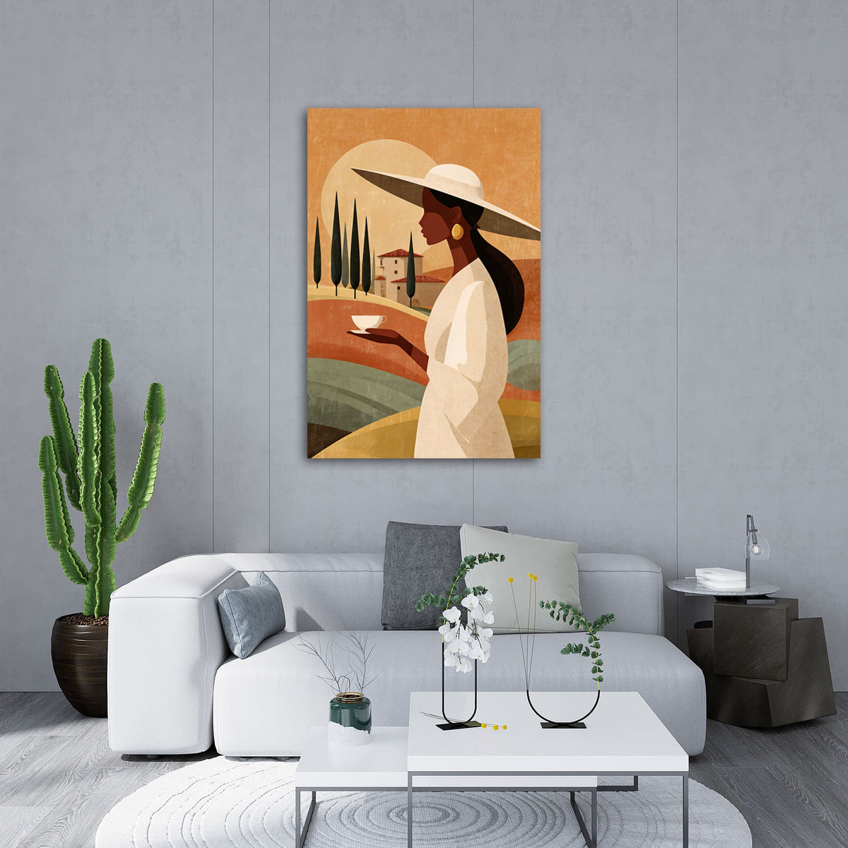 Grafisches Porträt Wandbild über einem Sofa im Wohnraum