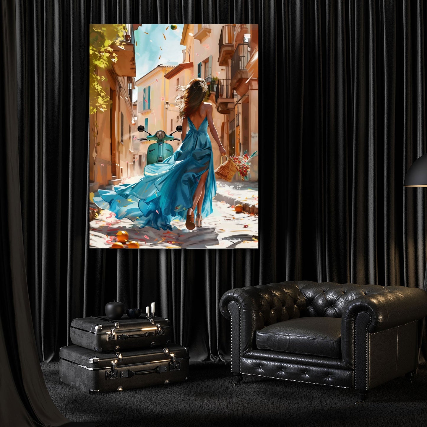 Frau in blauem Kleid auf Vespa in mediterraner Sommergasse Wandbild