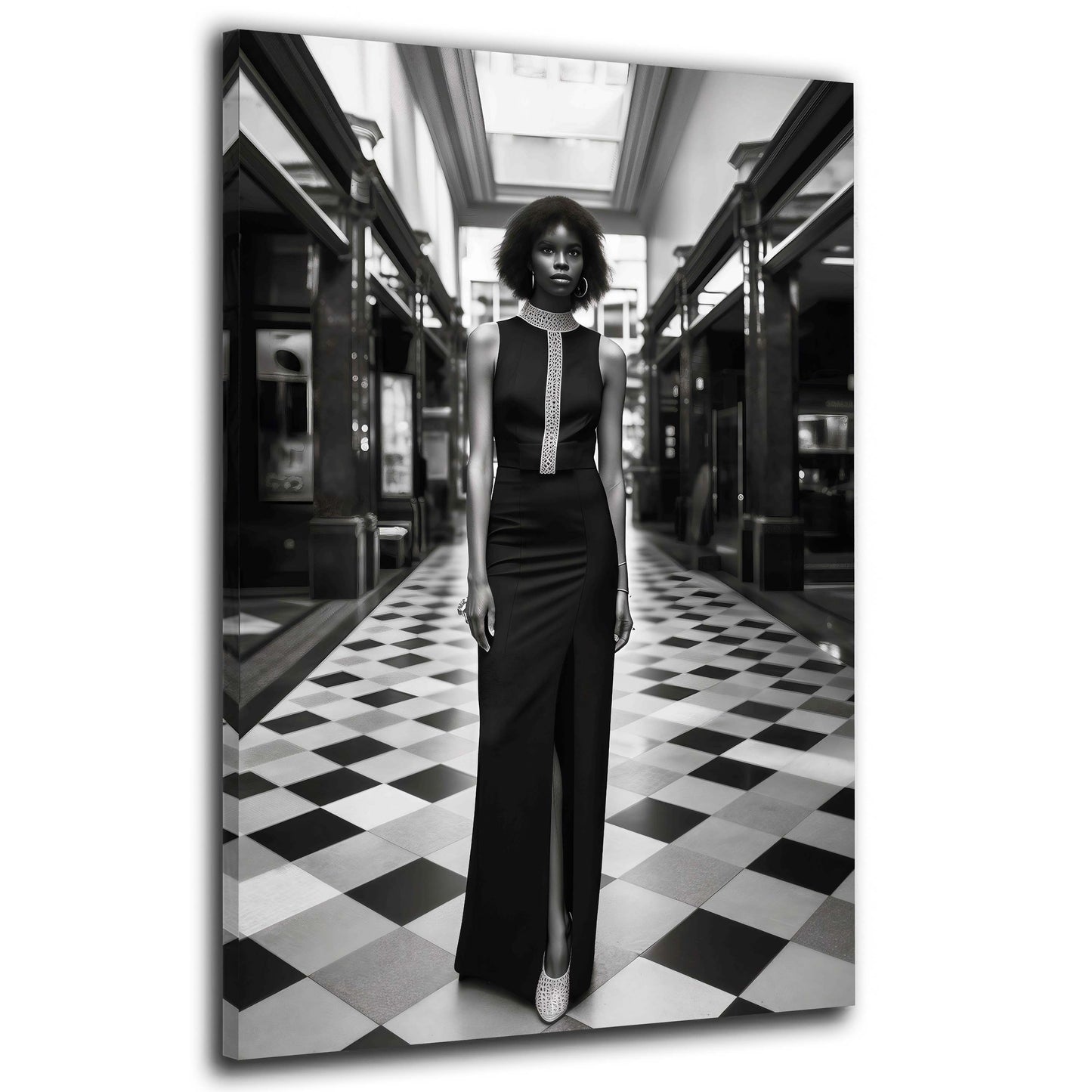 Frau Mode schwarz weiß elegantes Kleid Galerie Architektur Wandbild