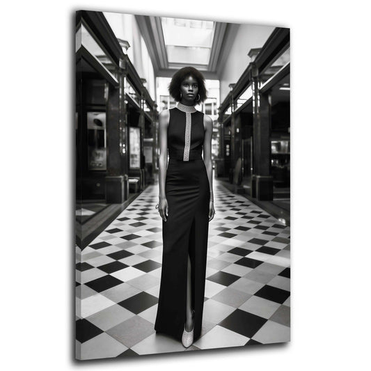 Frau Mode schwarz weiß elegantes Kleid Galerie Architektur Wandbild