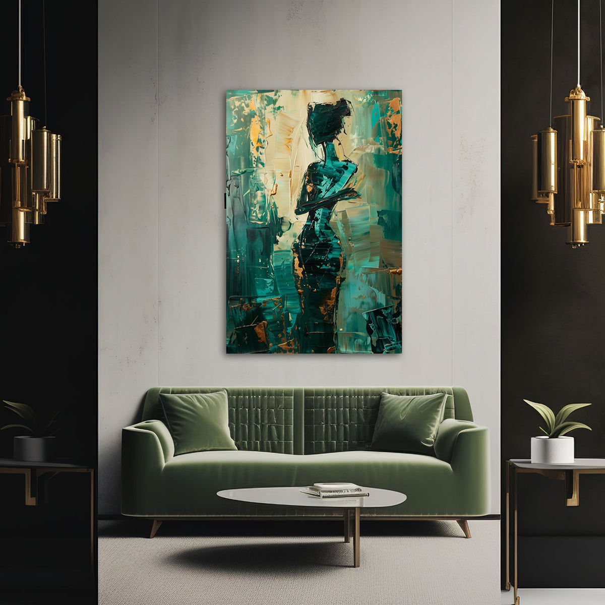 Abstraktes Frauenfigur Wandbild über einem Sofa im Wohnraum