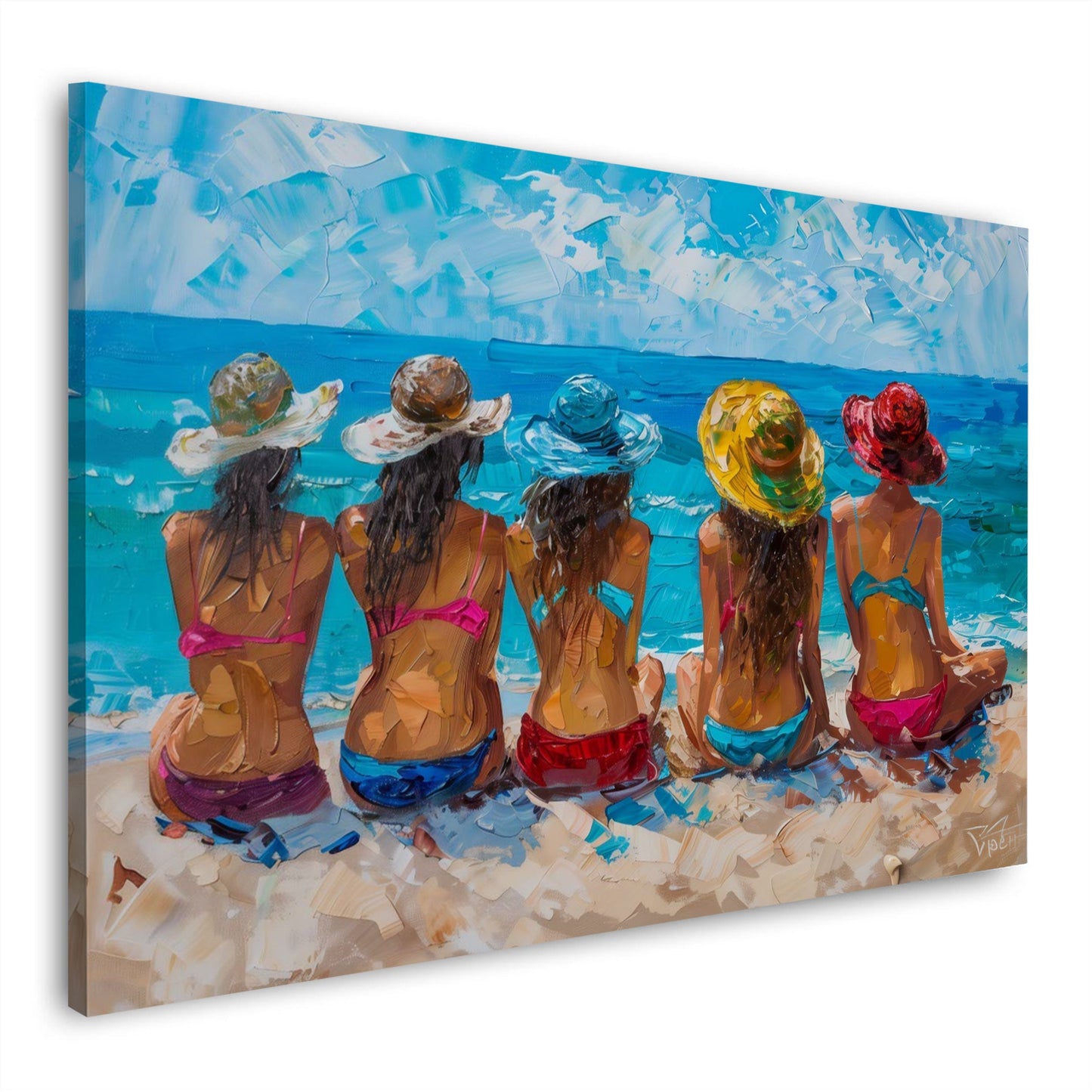 Freundinnen am Strand als Gemälde in Aquarell Wandbild