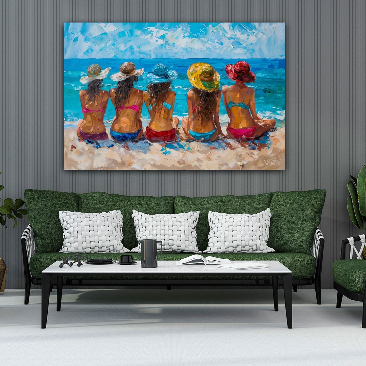 Freundinnen am Strand als Gemälde in Aquarell Wandbild