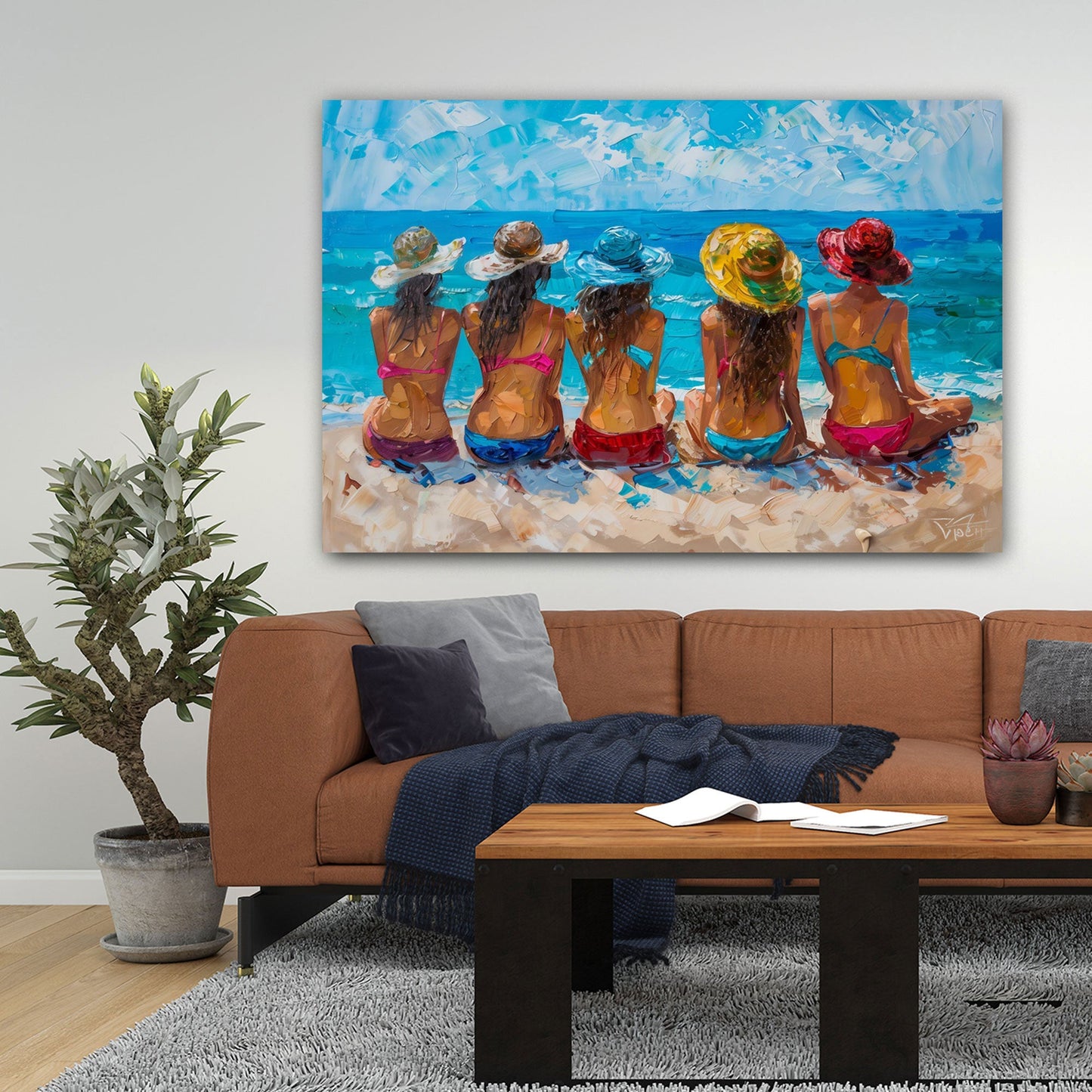 Freundinnen am Strand als Gemälde in Aquarell Wandbild