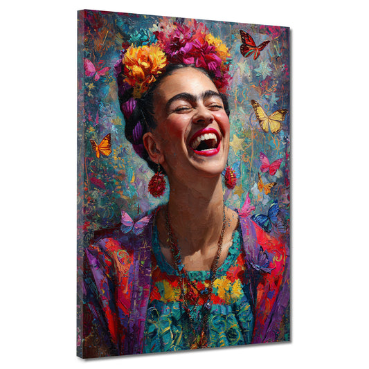 Frida bunte Blumenkrone Schmetterlinge Porträt Wandbild
