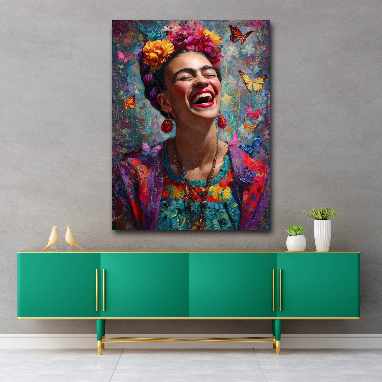 Frida bunte Blumenkrone Schmetterlinge Porträt Wandbild