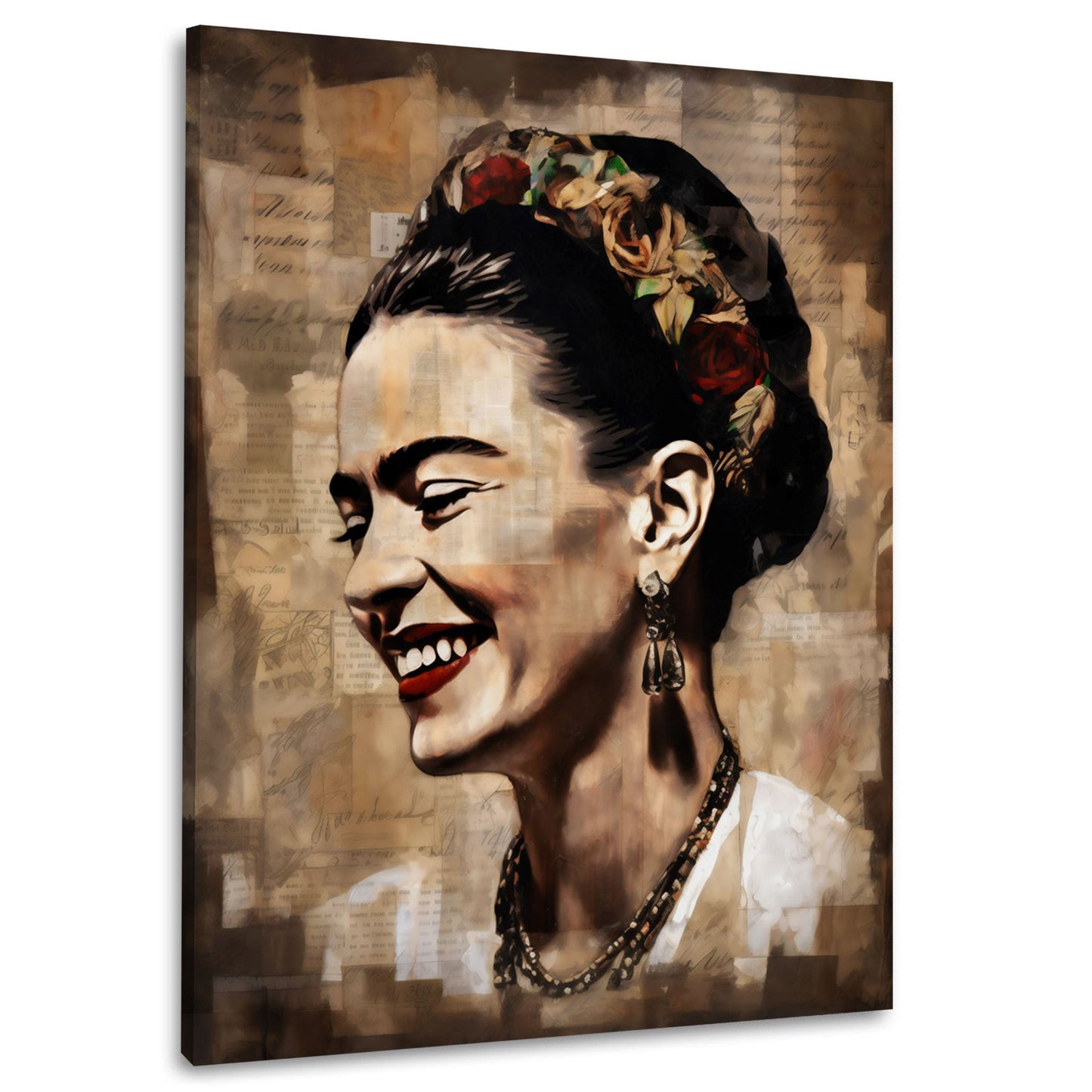 Frida Frauenporträt mit Blumen im Haar im Vintage Kunststil Wandbild