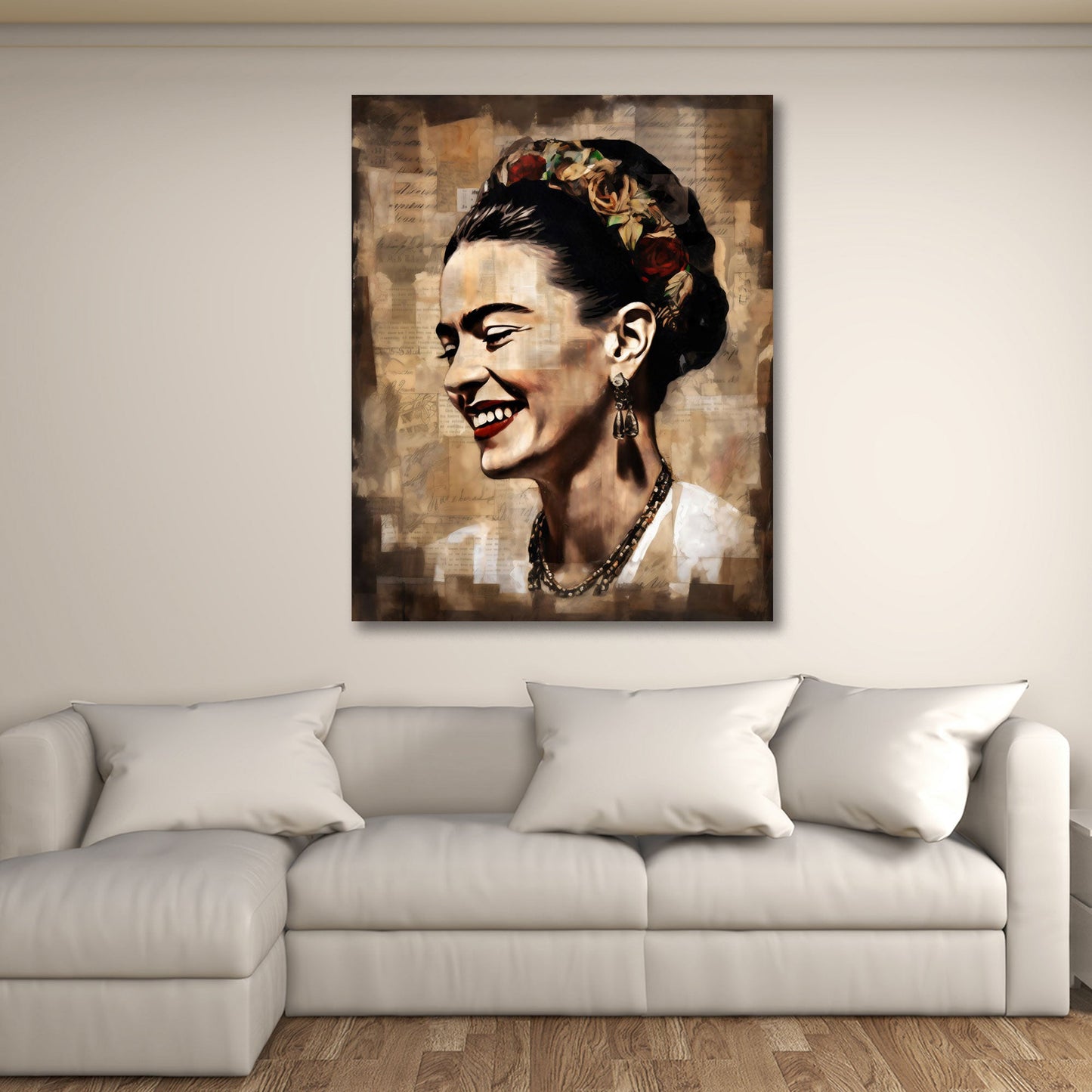 Frida Frauenporträt mit Blumen im Haar im Vintage Kunststil Wandbild