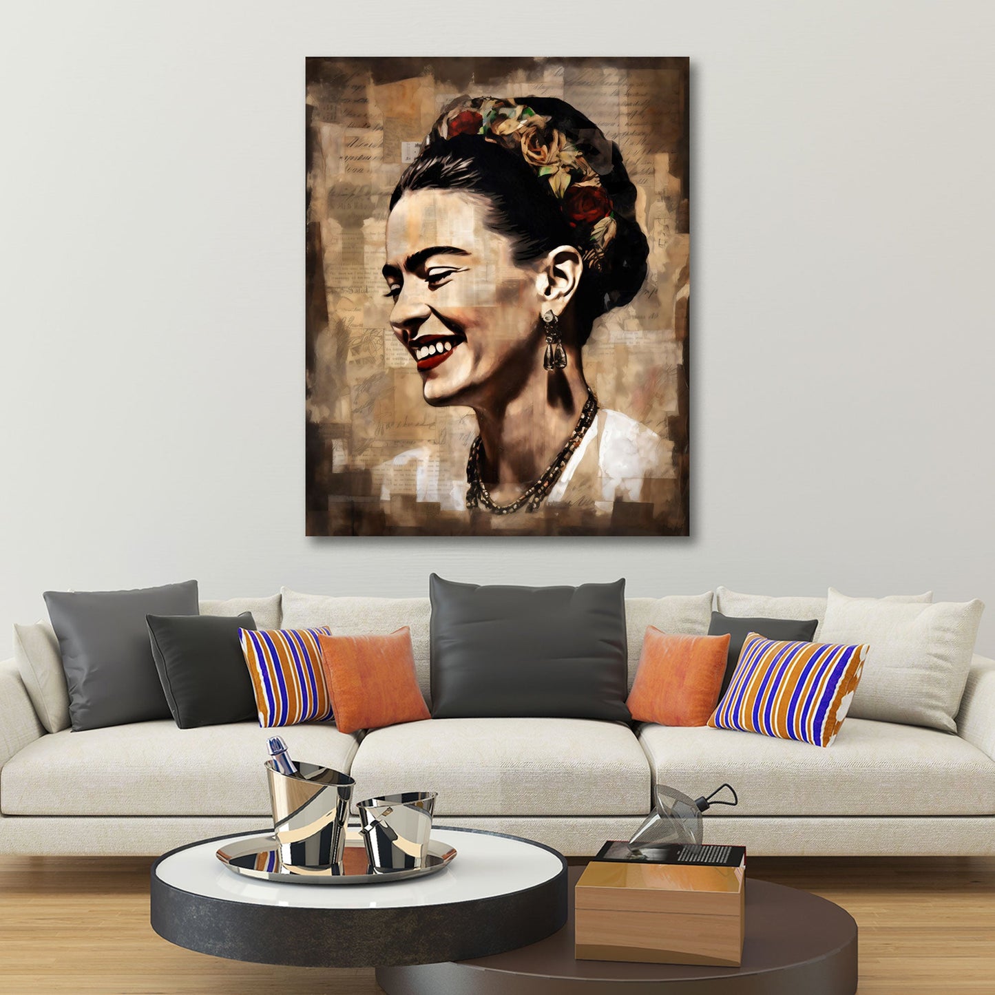Frida Frauenporträt mit Blumen im Haar im Vintage Kunststil Wandbild
