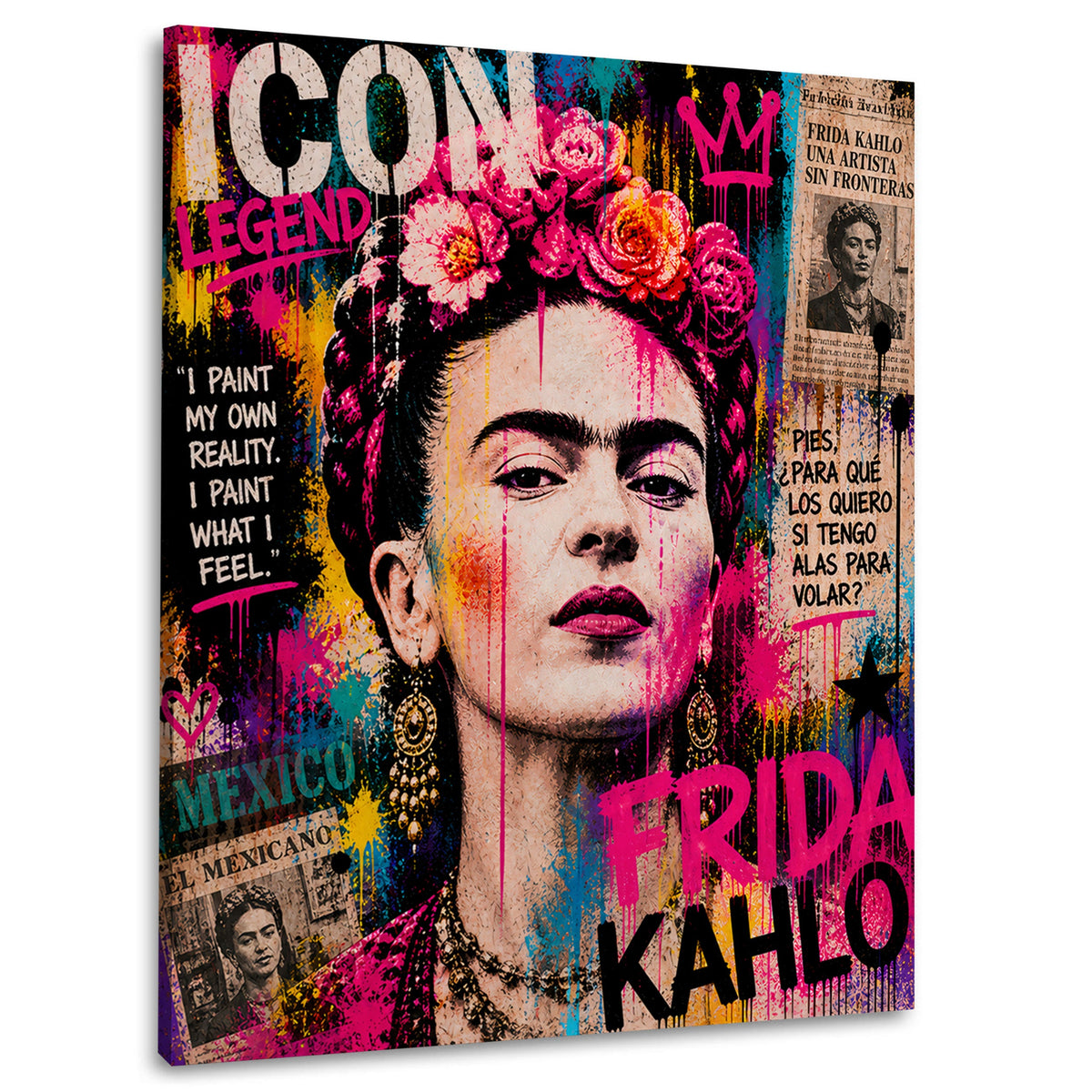 Frida mit Blumenkranz im bunten Pop Art Stil Wandbild