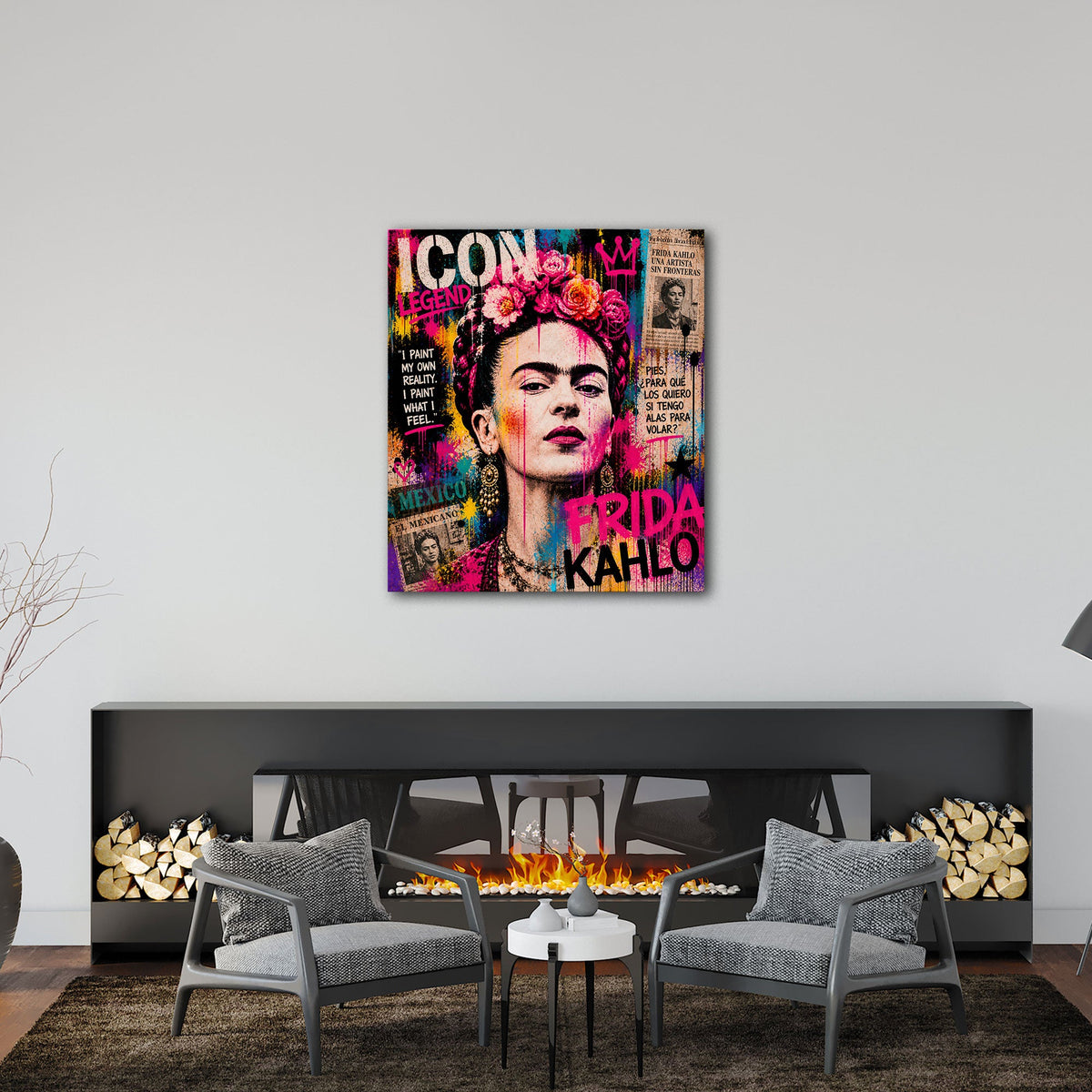 Frida mit Blumenkranz im bunten Pop Art Stil Wandbild