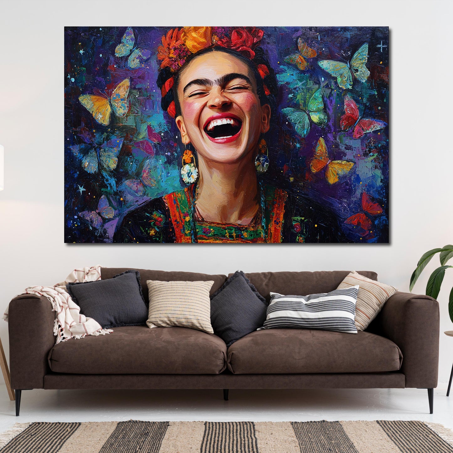 Frida lachend bunte Schmetterlinge Porträt Wandbild
