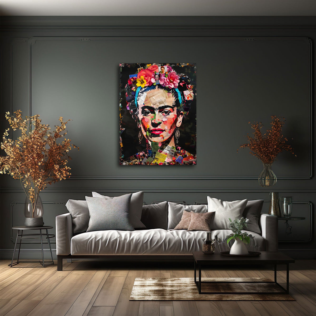 Pop Art Collage Wandbild über einem Sofa im Wohnraum