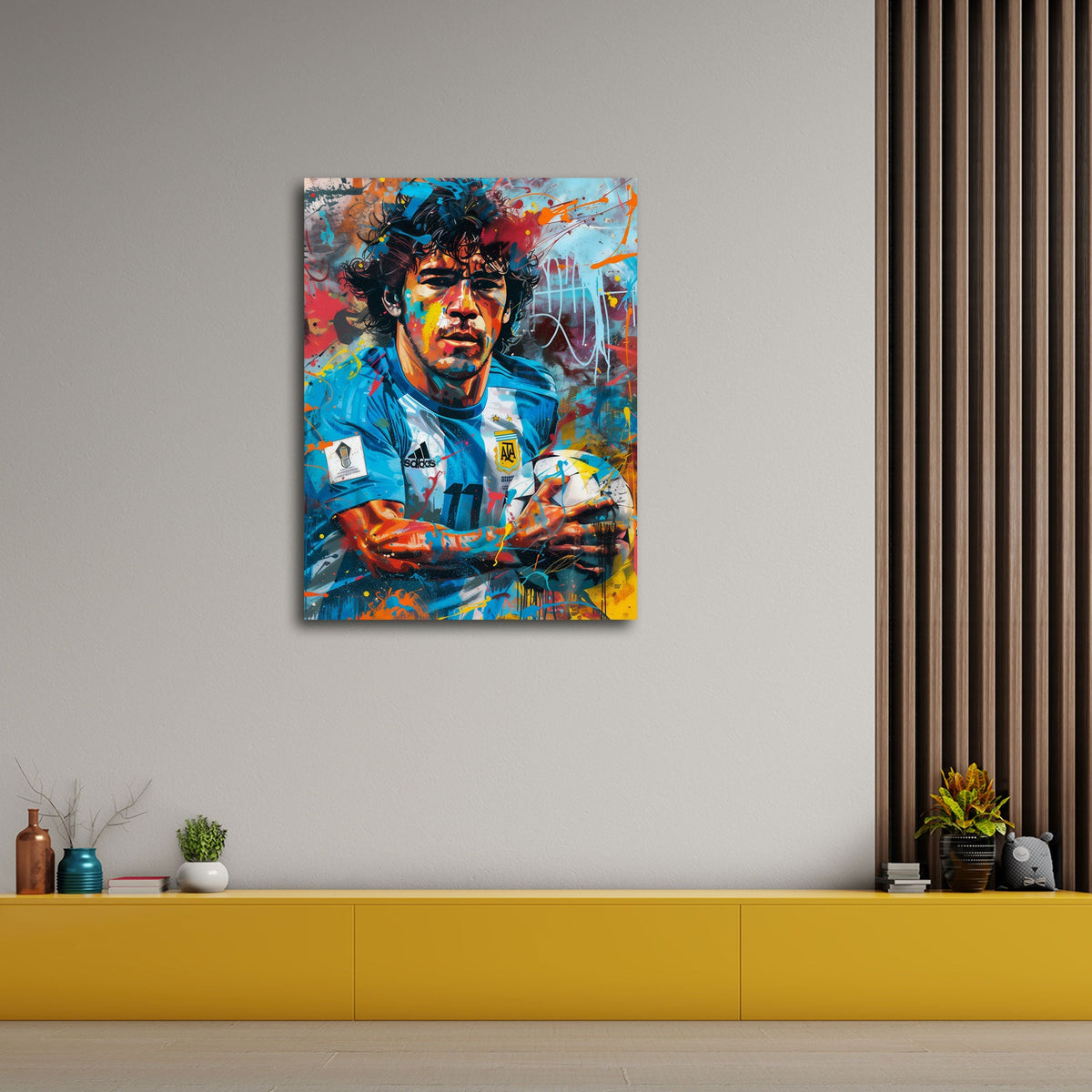 Fußballlegende Maradona mit Ball als Street Art Wandbild