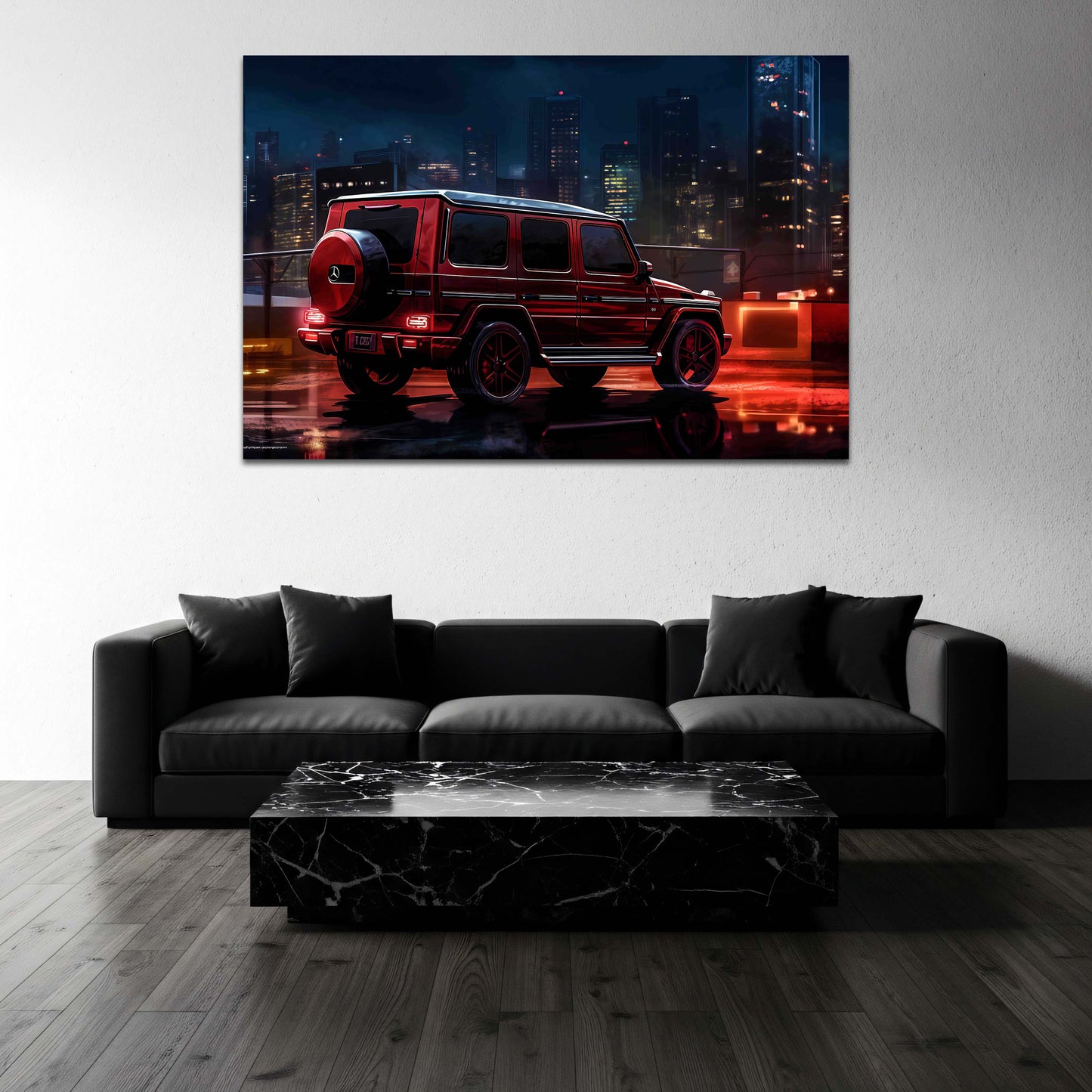 G-Klasse rotes Auto bei Nacht vor Skyline Wandbild