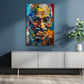 Buntes Porträt Wandbild über einem Sofa im Wohnraum