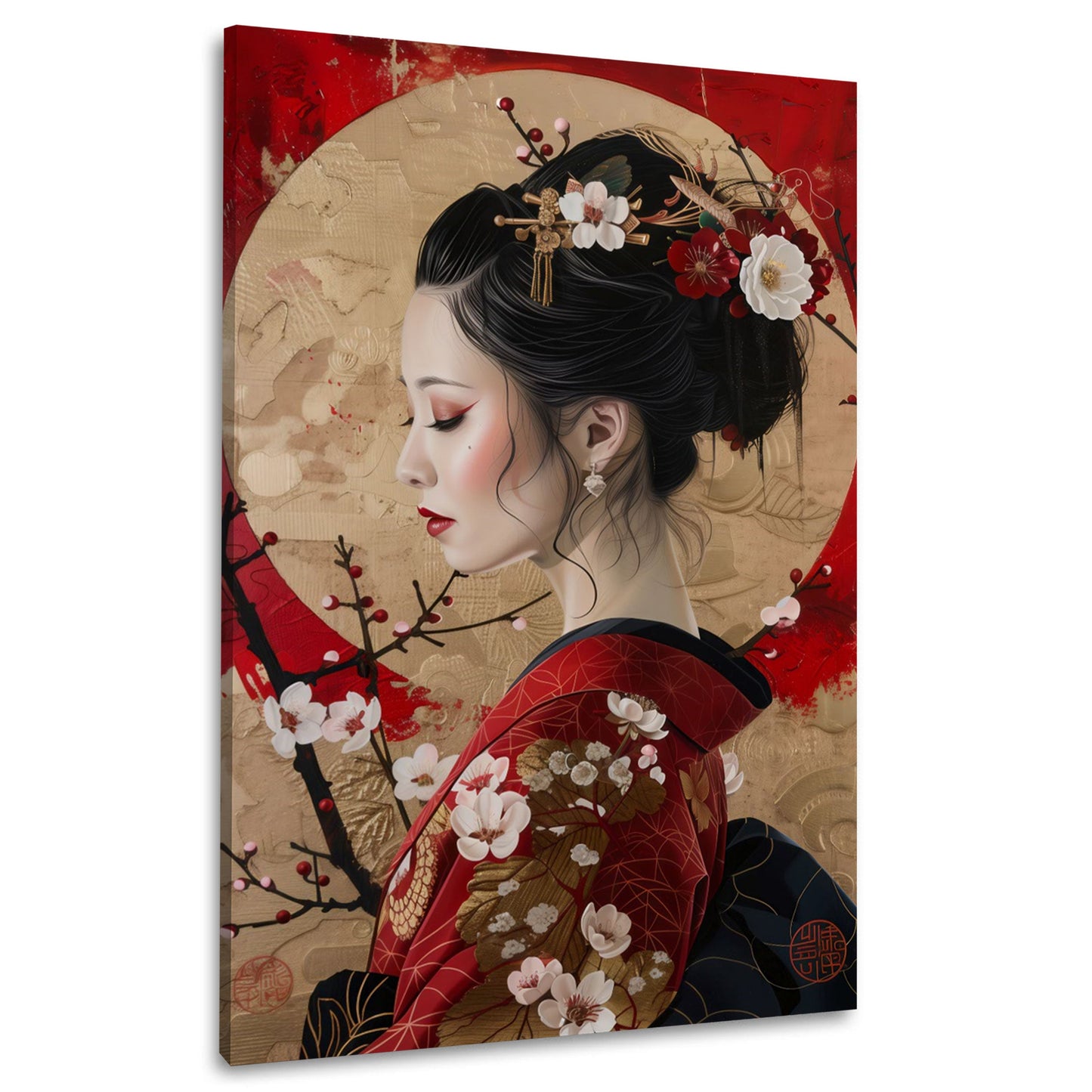 Geisha Porträt im roten Kimono mit Blütenkreis elegantes Wandbild