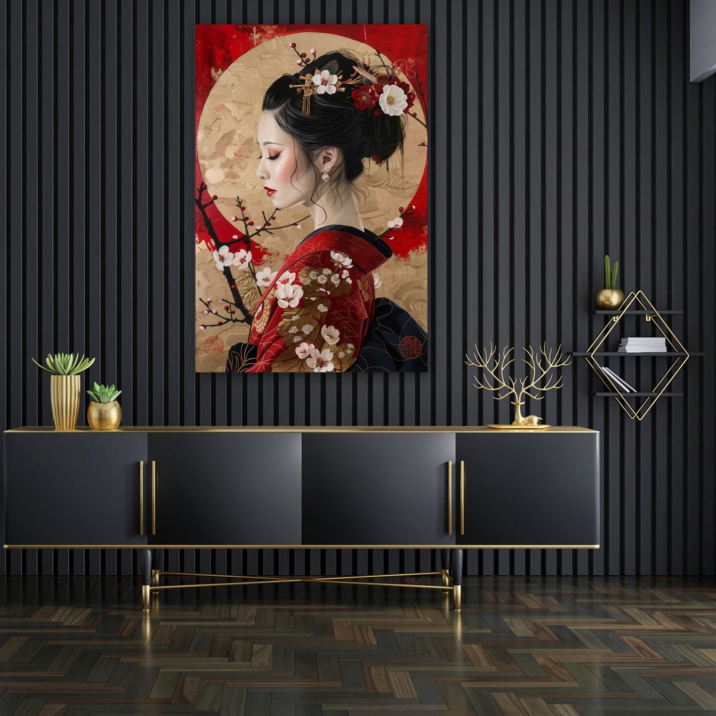 Geisha Porträt im roten Kimono mit Blütenkreis elegantes Wandbild
