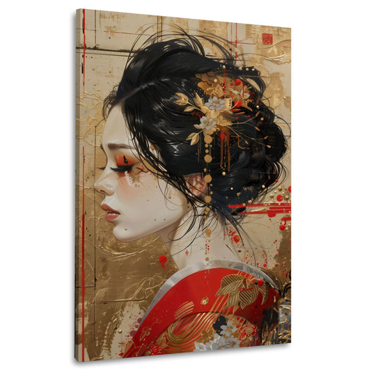 Geisha Porträt traditionell im Kimono mit Fächer elegantes Wandbild