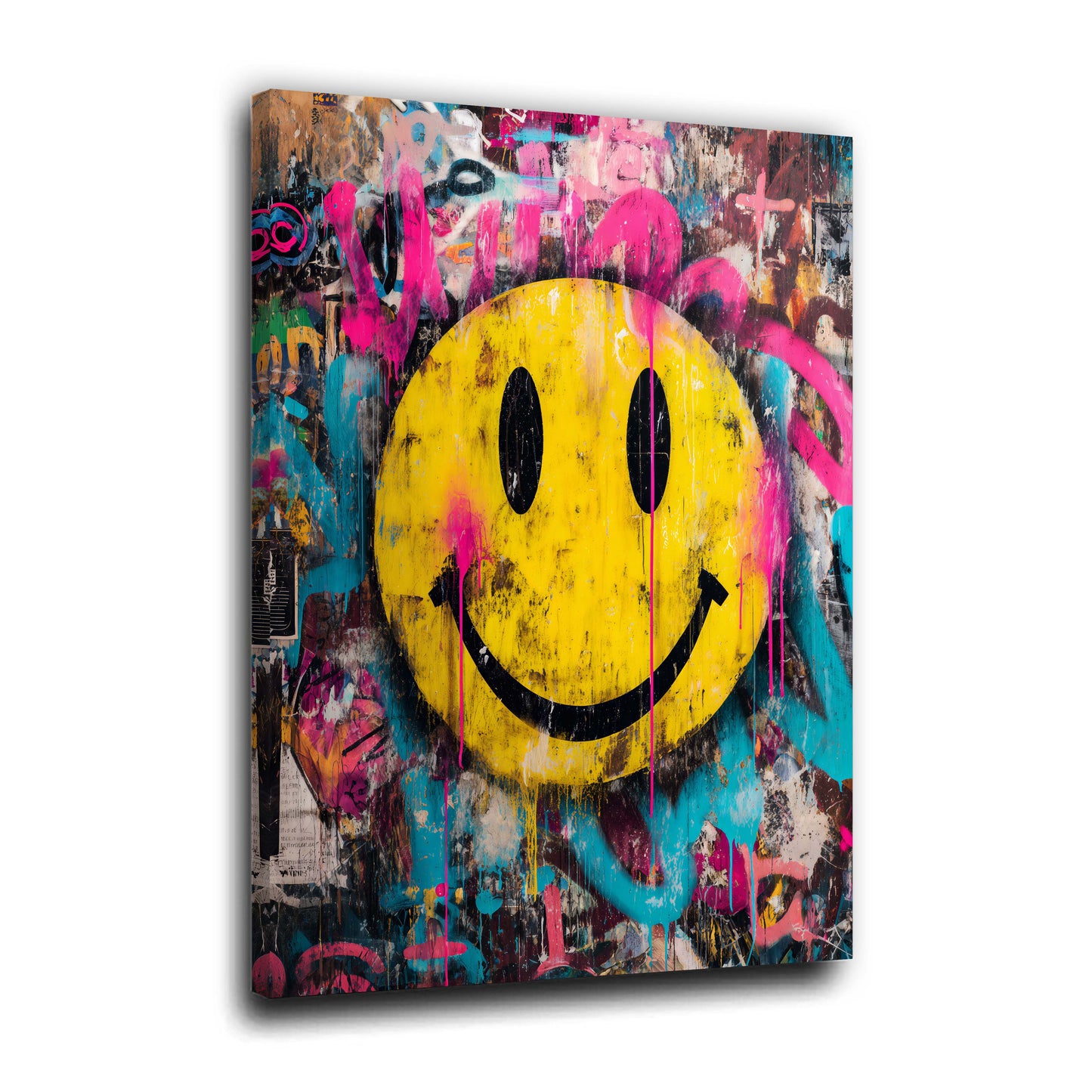 Gelber Smiley auf buntem Graffiti Hintergrund Wandbild