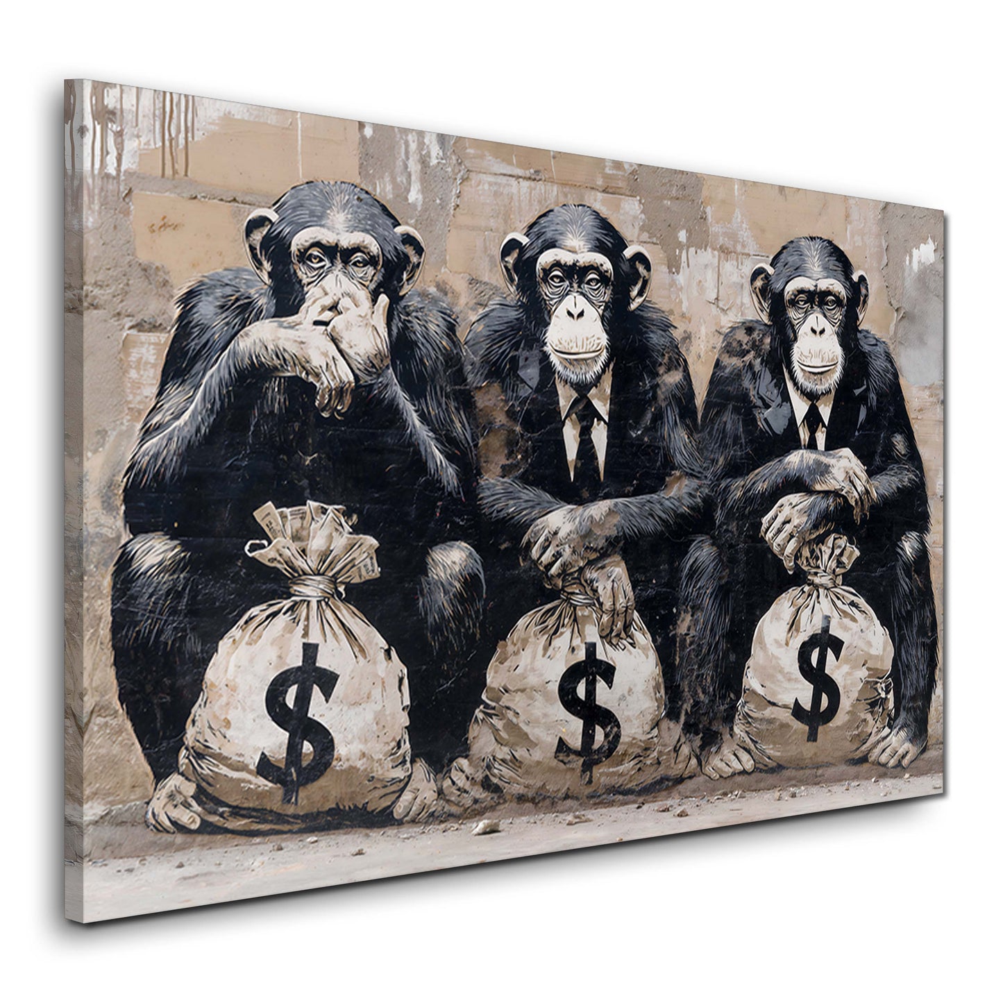 Geschaeftsmaenner Affen mit Dollargeldsaecken Graffiti Wandbild