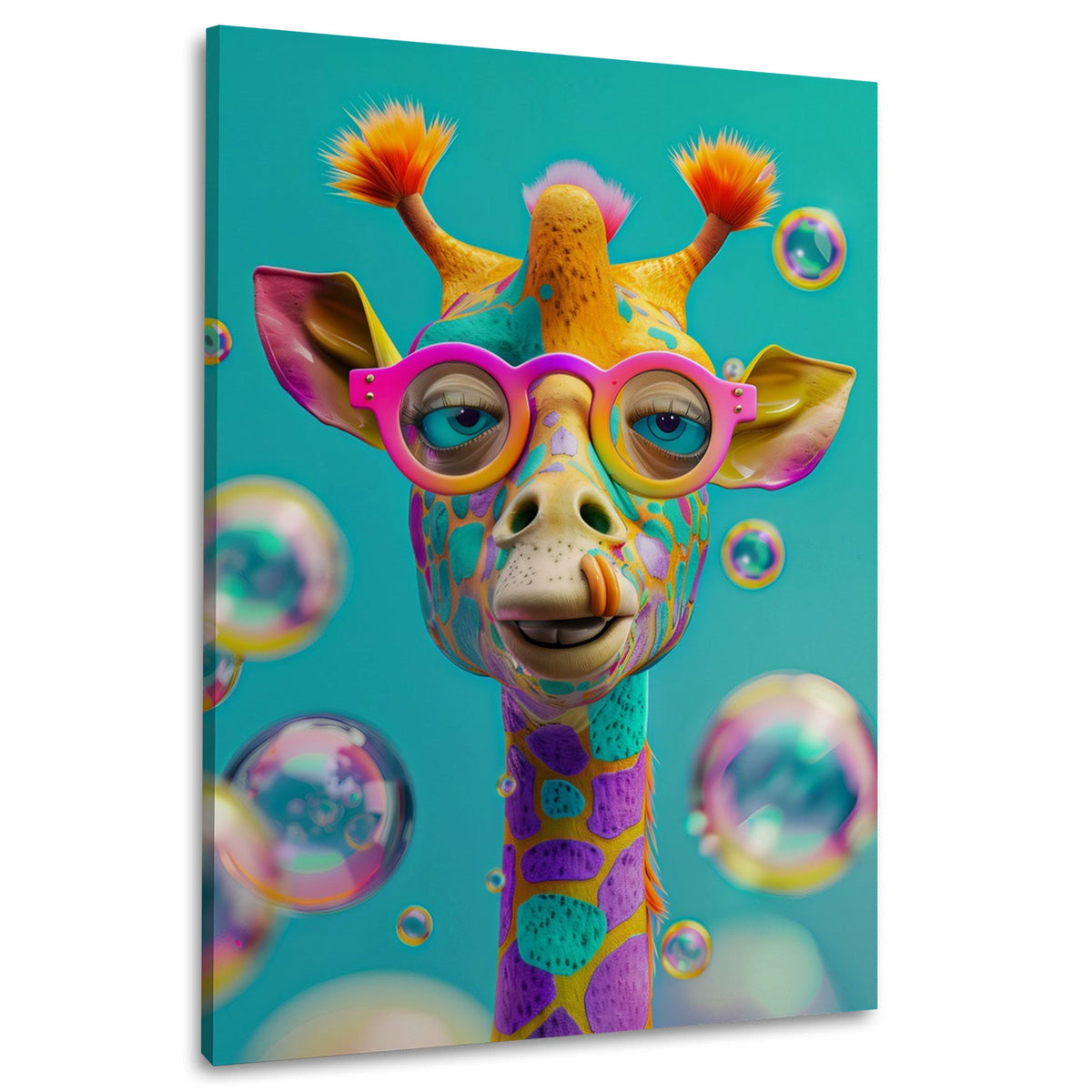 Giraffe mit pinker Brille Kinderzimmer Wandbild im Hochformat